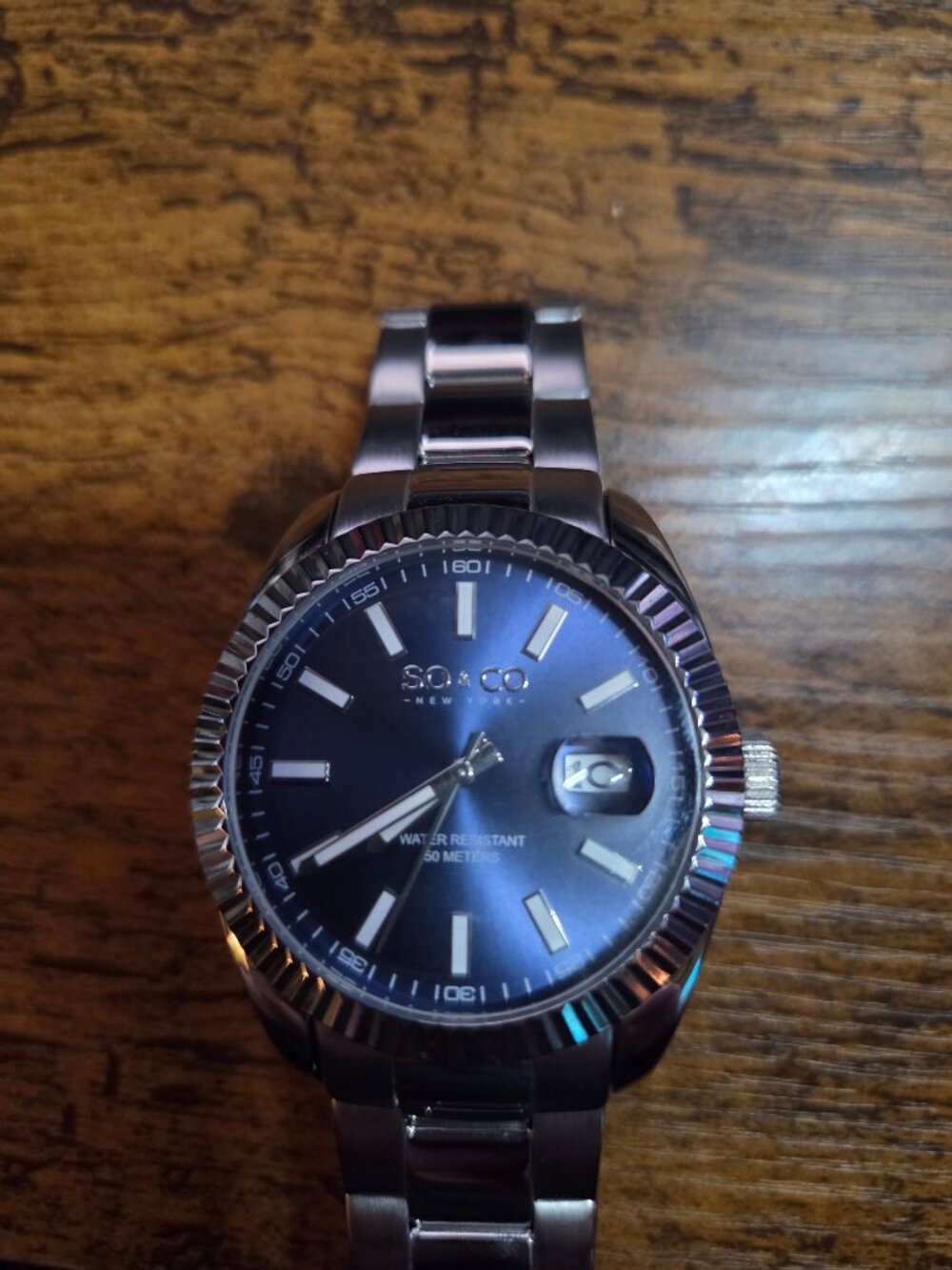 SO & CO New York Men's Blue Dial Fluted Bezel Date Quartz SS Watch